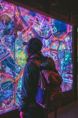 Naklejka premium Tech-savvy person interacts with vibrant city map digital screen Urban connection emphasized