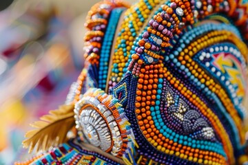 Obraz premium Intricate illustration of traditional Peruvian headdresses adorned with colorful beads and feathers, worn during the Inti Raymi festival. The level of detail and craftsmanship is stunning.