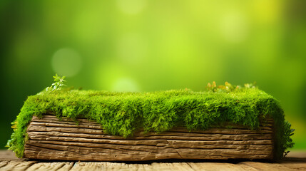 Fototapeta premium Natural green moss on a wooden table against blurred greenery background, close up, with copy space.