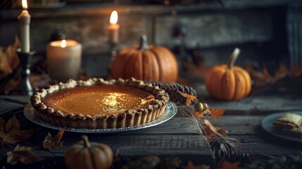 Naklejka premium Pumpkin pie. Cozy environment. Autumn background
