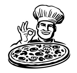 Chef cook holding pizza and giving ok delicious gesture. Italian food restaurant emblem. Vector illustration