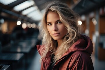 Blond Beauty In A Red Coat. Generative AI