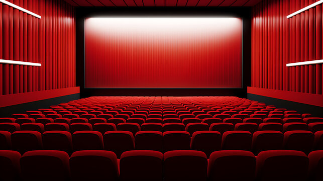 An empty red movie theater with a blank screen, ready for the audience to experience the magic of cinema