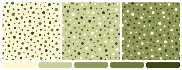 Vector set of seamless polka dot pattern in olive green shades. The varying sizes dots are displayed on beige and green background. Minimalist design. Perfect for nature concept, textile and packaging