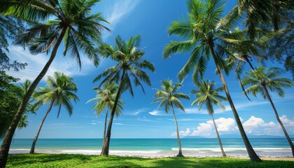 Tropical Palm Trees Lining a Serene Beachfront with Clear Blue Skies