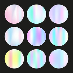 Holographic abstract backgrounds set. Gradient hologram. Stylish holographic backdrop. Minimalistic 90s, 80s retro style graphic template for book, annual, mobile interface, web app.