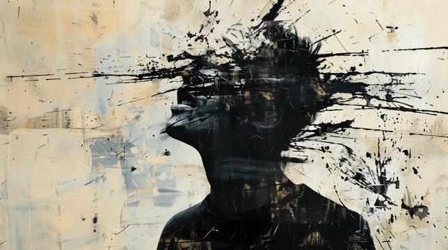 State of mind stress depression anxiety overwhelming exploding person man head abstract art painting background wallpaper