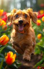 A small dog is running through a field of flowers