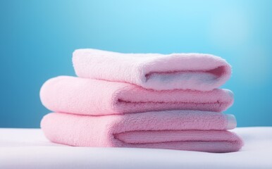 A stack of soft pink towels neatly folded on a blue table.