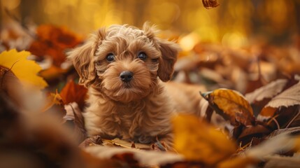 Puppy. Cozy environment. Autumn background