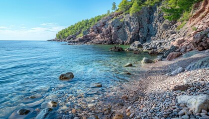 Obraz premium Rocky Shoreline with Crystal Clear Waters and Scenic Coastal Views