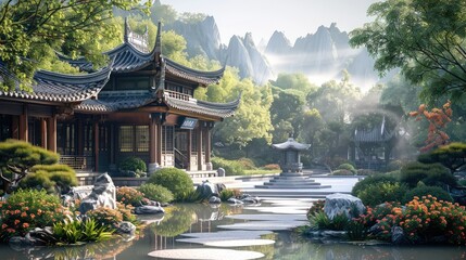 Fototapeta premium Ancient Chinese architecture, Large yard, smooth. Generative AI.