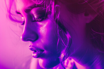 Fototapeta premium Close-up, woman, vibrant purple-pink light, thoughtful expression. 