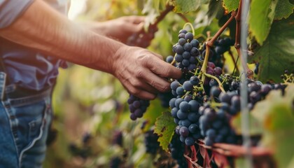 Hands Harvesting Ripe Grapes in a Vineyard During Golden Hour