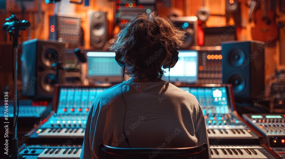 Aufkleber man at a recording studio, music production. generative ai.