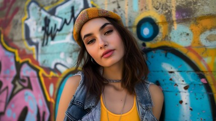 Urban Style Fashion Portrait Young Woman Graffiti Background