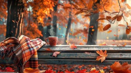 Obraz premium Autumn cozy scene with warm drink plaid and fall leaves on wooden bench Embrace the season