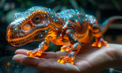 Fototapeta premium A hand holding a small, glowing, orange and black lizard