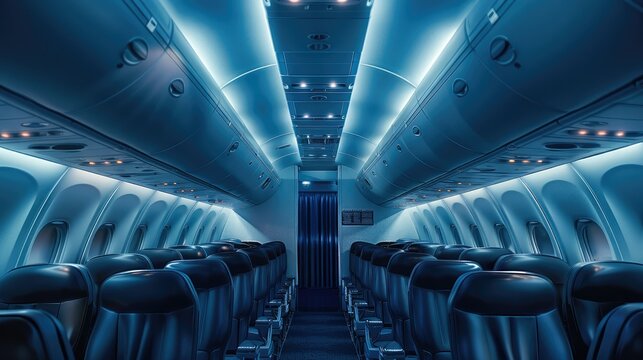 Airplane interior, empty, darkness. Generative AI.