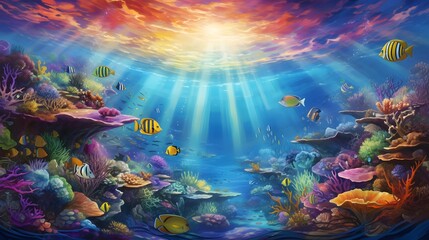 Underwater scene with fishes and corals. Panorama. 3d render