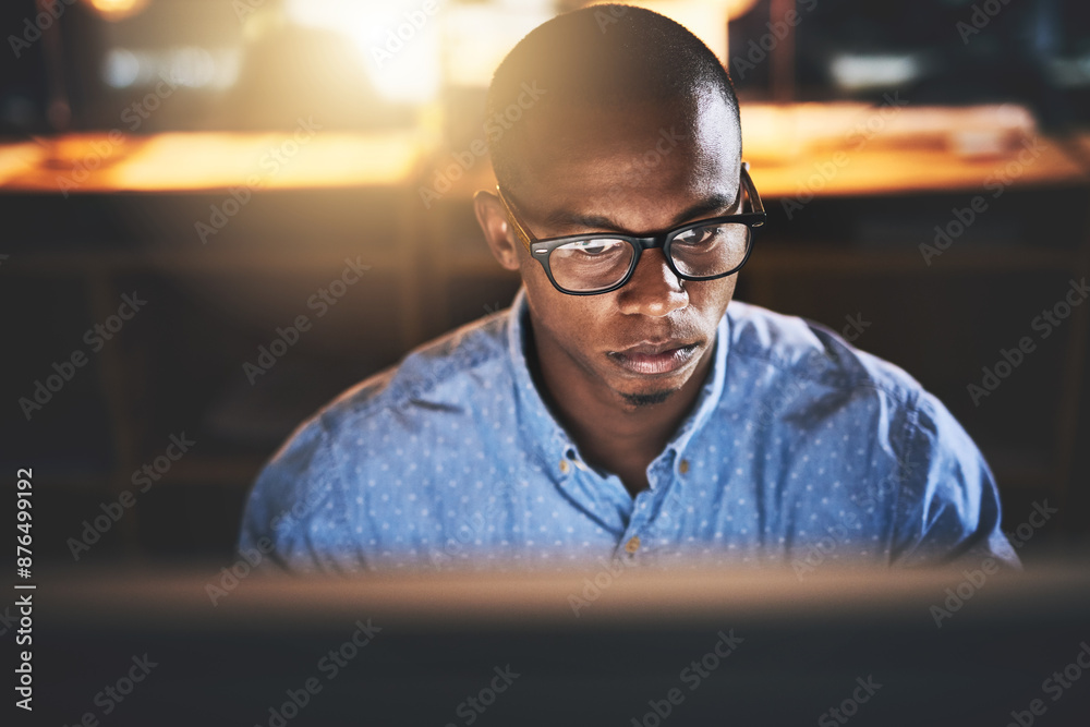 Leinwandbilder office, reading and business black man on computer for website, research and programming at night. c