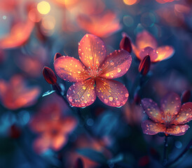 A close-up image of pink flowers with water droplets, illuminated by soft light, creating a beautiful bokeh effect.