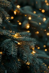 Christmas tree branches with golden lights and bokeh effect on dark background.  Christmas and New Year festive concept. Template for greeting card, invitation, banner with copy space.