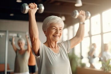 Fototapeta na wymiar cheerful sportive aged person hands hold lifting dumbbells. sport and retirement age. health, taking care of your body