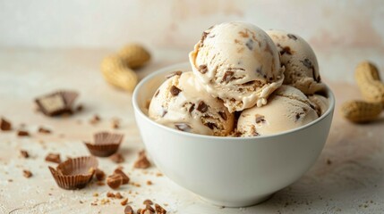A top view of creamy peanut butter cup ice cream scoops in a white bowl, surrounded by chocolate pieces. Perfect for dessert, sweets, and indulgence concepts