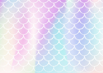 Holographic mermaid background with gradient scales. Bright color transitions. Fish tail banner and invitation. Underwater and sea pattern for girlie party. Vibrant back with holographic mermaid.