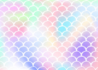 Gradient scale background with holographic mermaid. Bright color transitions. Fish tail banner and invitation. Underwater and sea pattern for girlie party. Colorful backdrop with gradient scale.