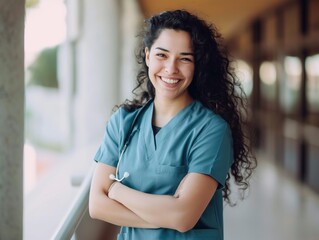 smiling beautiful young nurse with dark curly hair wearing uniform, looking at camera, hospital background