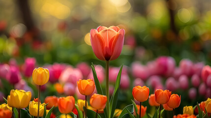 Obraz premium A pink tulip with water droplets on the petals, against a blurred background of soft pastel colors and bokeh lights. Captured in a close-up shot.