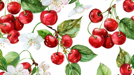Watercolor cherry seamless pattern. Summer berries, fruits, leaves, flowers background. Vector illustration for spring cover, tropical wallpaper texture, backdrop, wedding invitation