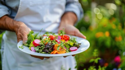 Close-up of a vibrant garden vegetable salad in a black bowl, held by a person, showcasing a mix of colorful, fresh vegetables in an outdoor garden setting