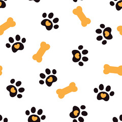  Pet paw footprint seamless pattern. Dog paw print and bone on white background. It can be used for wallpapers, wrapping, cards, patterns for clothes and other.