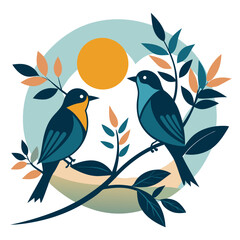 Birds on Branches Sunlit Silhouette Vector Illustration