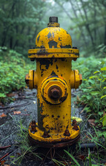 A yellow fire hydrant is sitting in a grassy area. The image has a moody and somewhat eerie feeling
