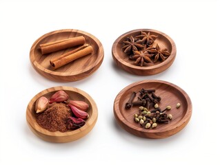 set of aromatic spices on wooden plates on white background