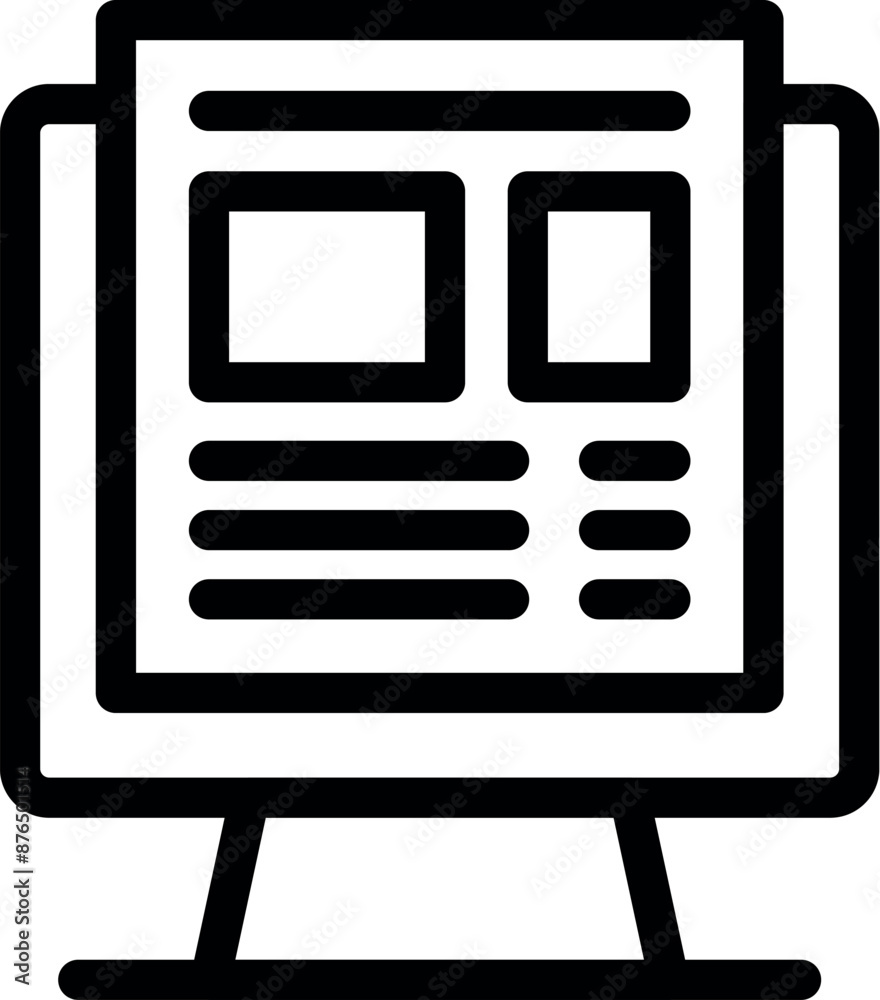 Poster simple black and white icon of a desktop computer displaying a website homepage layout design