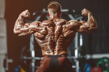 Bodybuilder athlete demonstrating back double biceps pose at bodybuilding contest