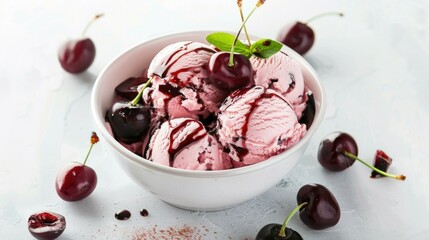 Scoops of vibrant cherry ice cream topped with chocolate drizzle, served in a white bowl with fresh cherries and a mint garnish on a white background