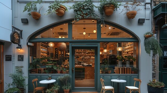 Exterior facade view, a maximalist cafe. Generative AI.