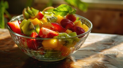 Mixed Fruit Salad in Sunlit Glass Bowl