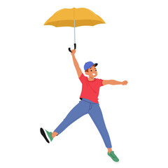 Happy Boy Character In A Red Shirt And Blue Pants Flying With A Yellow Umbrella. Vector Concept Of Joy, Adventure