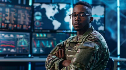 Security, control room, government, operation, or mission photograph of man with arms crossed. Army, IT worker, and confident, proud face