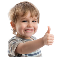 Cute child with a big smile giving a thumbs-up sign  on a white background.