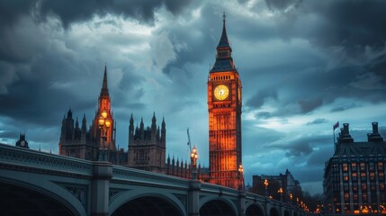 Fototapeta premium A historical landmark captured at twilight, with dramatic lighting highlighting its intricate details 
