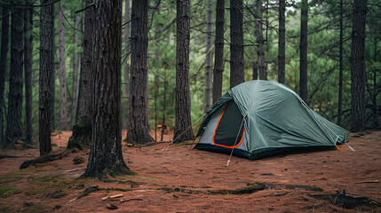 a green tent with orange detailing, set up in a forested area. Tall trees surround the tent, and the ground is covered with pine needles and other forest debris