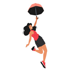 Cartoon Illustration Of A Joyful Woman Flying With An Umbrella, Dressed In Casual And Stylish Clothing, Vector Image